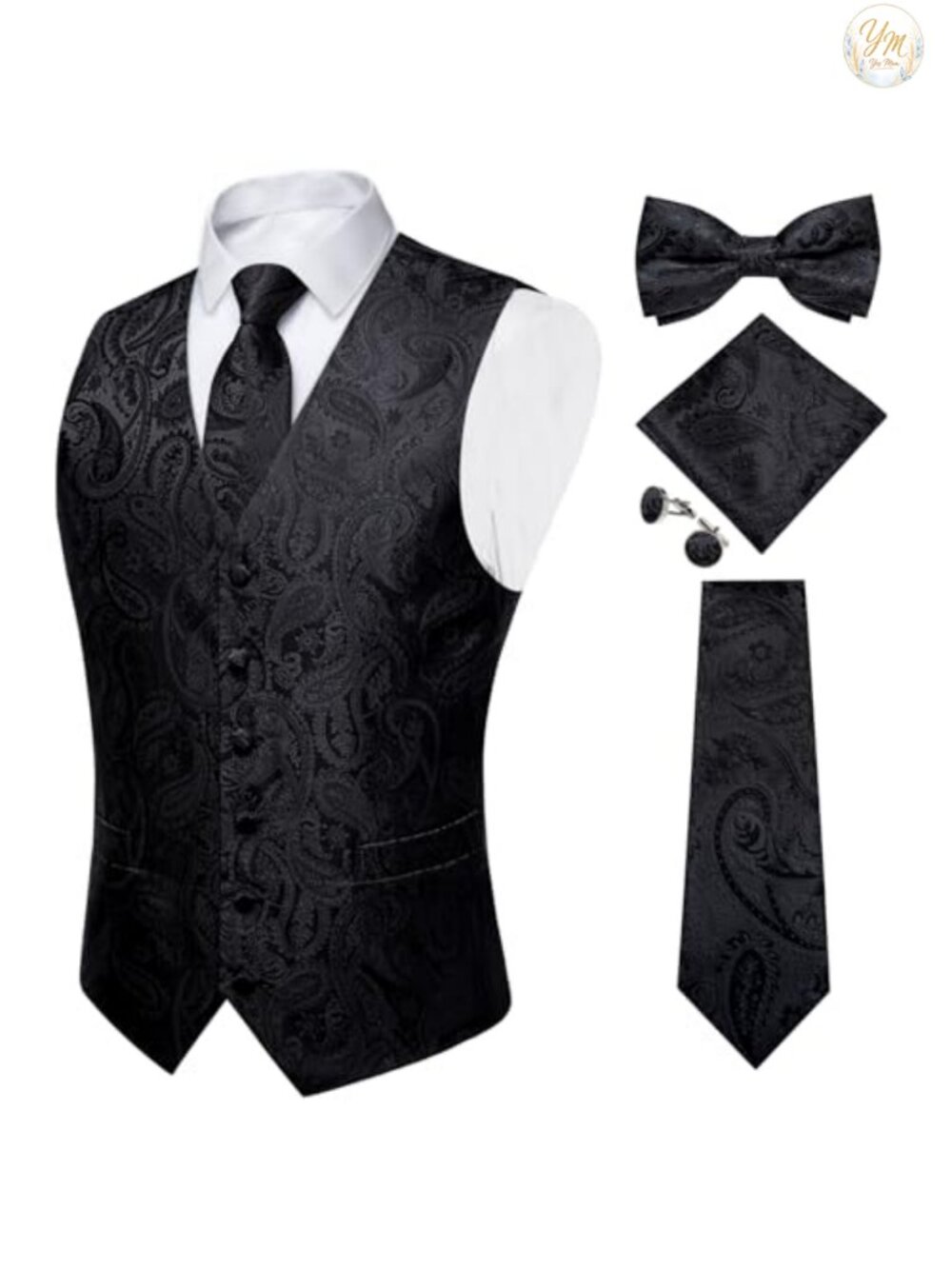 DiBanGu Men's 5-Piece Silk Paisley Vest Tie Bowtie Pocket Square Cufflinks Set